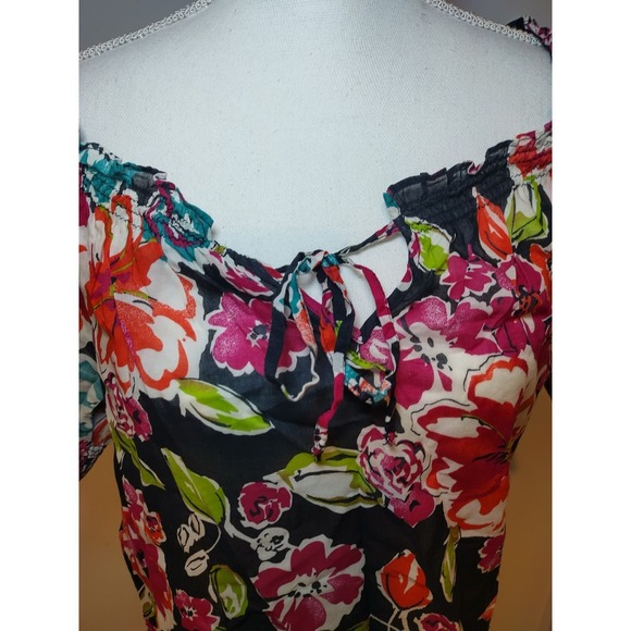 Ann Taylor Womens Blouse Floral Print Ruffle Collar Tie Neck Black Red Medium - Picture 2 of 8